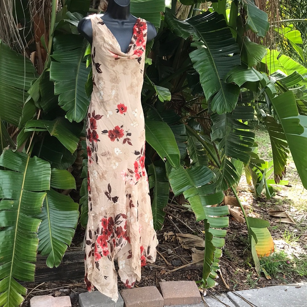 Beaded bias cut cowl neck silk slip dress assymetric